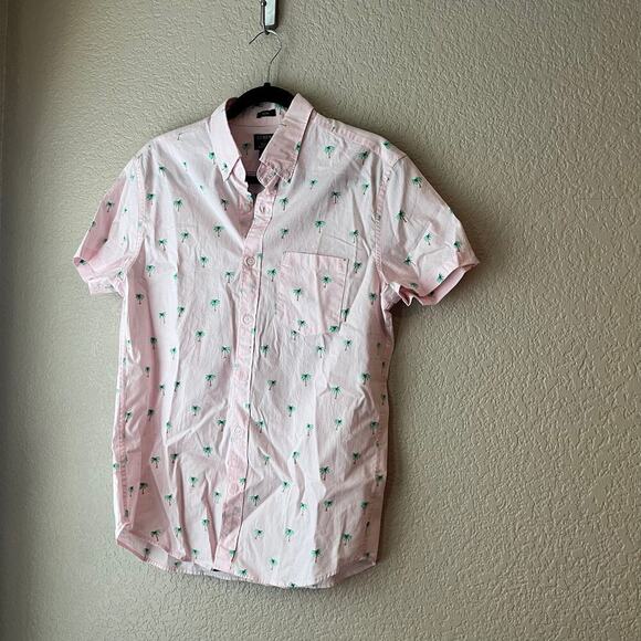 J. Crew Men’s Flex Wash Slim Collared Button Down Shirt Medium Pink Palm Tree - Picture 2 of 6